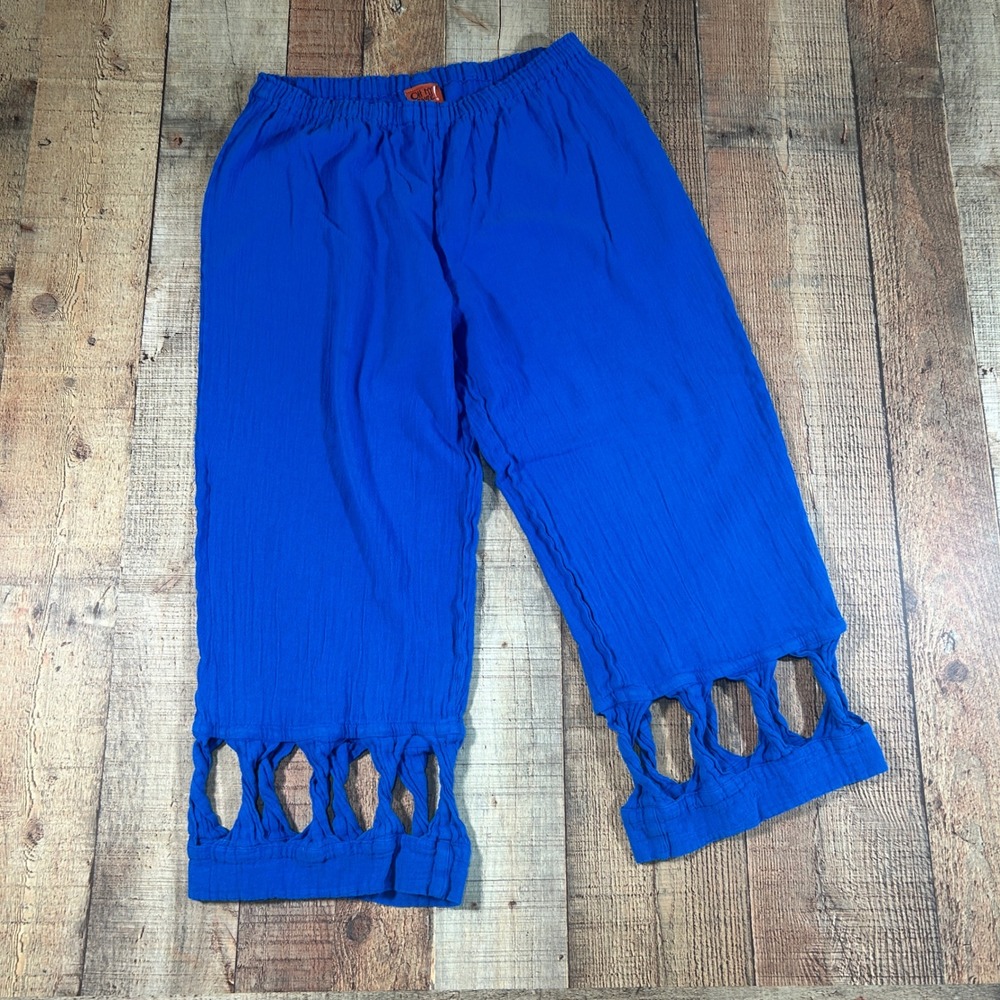 Oh My Gauze! Cutout Capri Pants Womens 1 Cobalt Blue Cotton Lagenlook Boho Crop